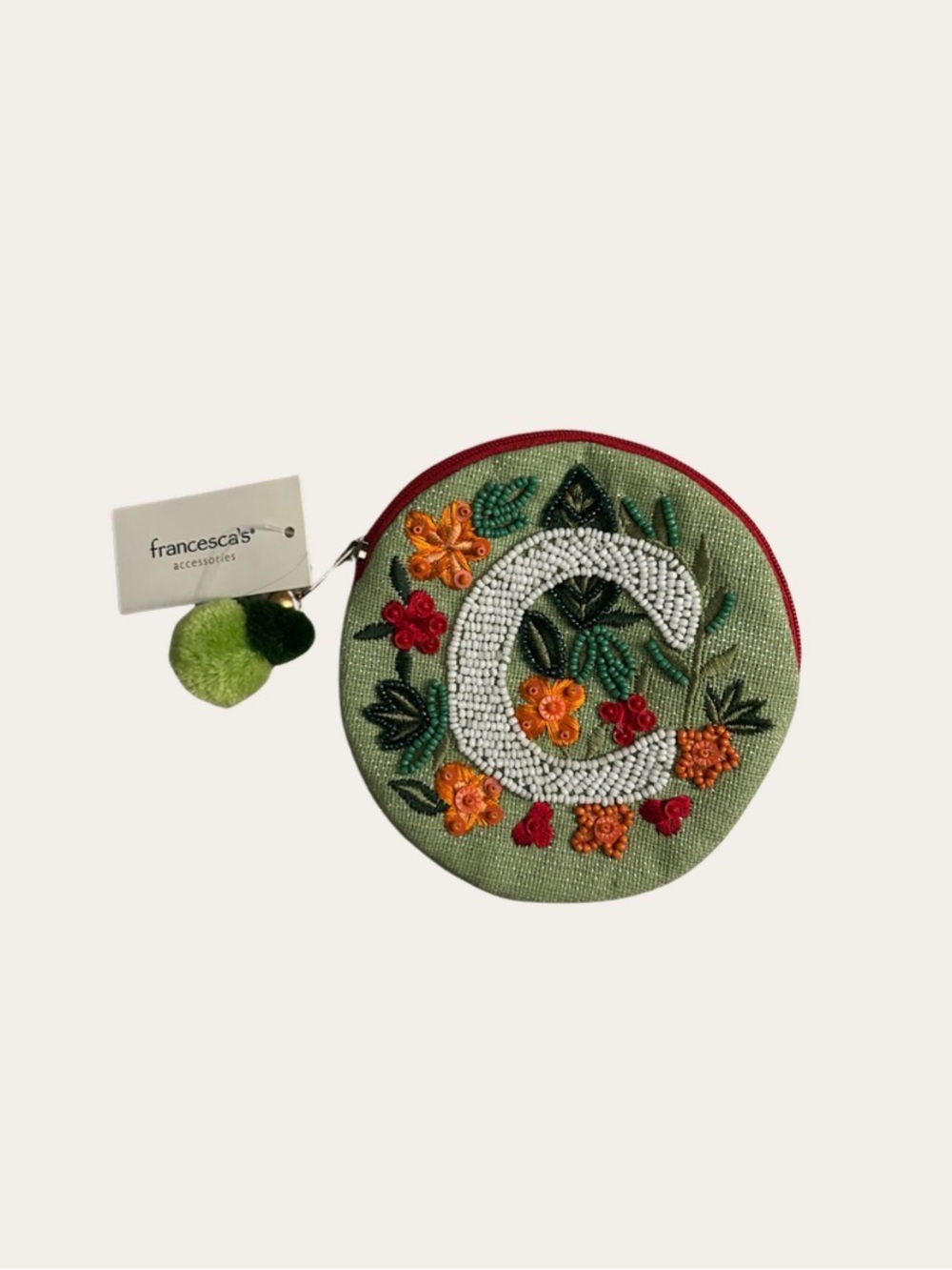 Francesca’s Beaded Initial C Coin Purse Green Floral Embroidered Pouch NWT